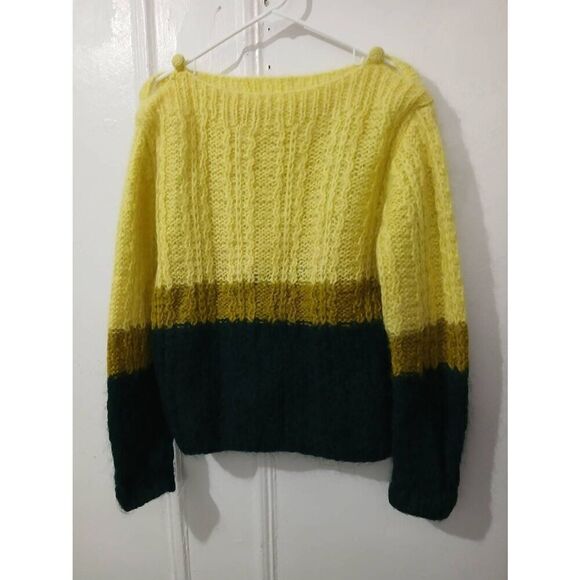 Hand made womens medium ITALIAN wool boat neck sweater color block lime green - Picture 1 of 6